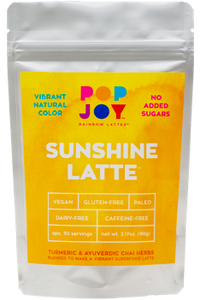 Sunshine Latte - POPJOY, blue spirulina, pink pitaya, activated charcoal, rainbow latte, vegan, vegan recipes