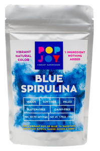Blue Spirulina - POPJOY, blue spirulina powder, pink pitaya, activated charcoal, rainbow latte, vegan, vegan recipes