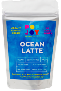 Ocean Latte - POPJOY, blue spirulina, pink pitaya, activated charcoal, rainbow latte, vegan, vegan recipes